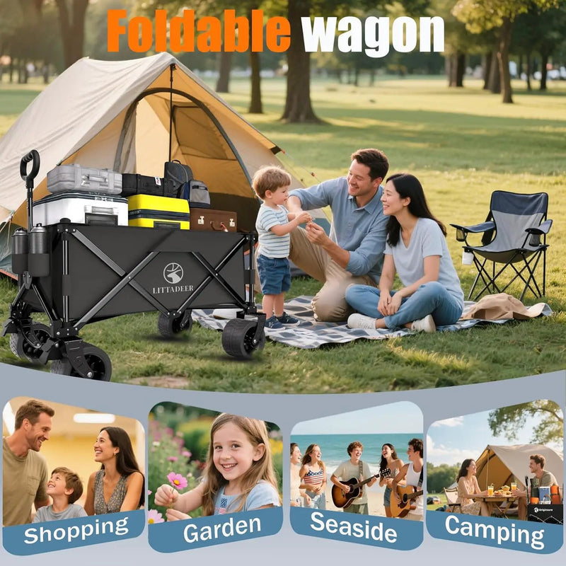 Collapsible Wagon Cart with Silent All-Terrain Wheels, Foldable Heavy Duty Beach Wagon with 330LB,Folding Cart with Cup Holders and Brakes for Camping, Garden,Shopping,Sports Black, photo 6 of 6