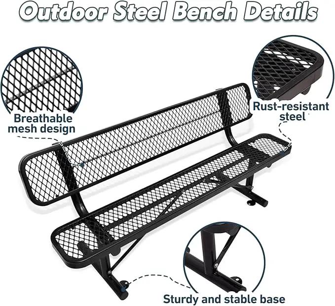 6FT Heavy Duty Park Bench with Back Portable Frame, Outdoor Metal Park Bench with Backrest, Steel Mesh Outdoor Bench for Garden, Lawn, Patio, Porch, Park, Yard (Black, 72.4" L x 23.2" W x 32.5" H), photo 6 of 7