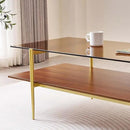 Extra Large Rectangle Glass Coffee Table, Mid-Century Modern Design for Living Room, L47 x W24 x H17, Amber Glass Top and Walnut MDF Shelf, Sleek Conical Metal Legs with Gold Finish by CozyNest Decor