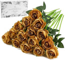 Gold Fake Roses Artificial Flowers - 16 Pcs Fake Artificial Roses Silk Flowers with Stems for Home Wedding Hotel Office Centerpiece Decor by CozyNest Decor