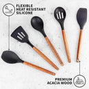 Zulay Kitchen Non-Stick Cooking Utensils Set with Authentic Acacia Wood Handles – 5-Piece Durable & Stylish Silicone Kitchen Utensils Set – Heat Resistant to 464°F – Black by CozyNest Decor