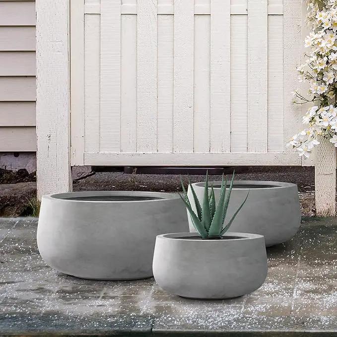 Kante 19.6",15.7",11.8" Dia Round Concrete Planters Set of 3, Outdoor Indoor Garden Plant Pots with Drainage Hole and Rubber Plug, Modern Curvaceous Design, Natural Concrete, photo 6 of 8