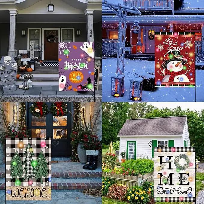 Lighted Seasonal Garden Flags Set of 12 Double Sided 12 x 18 Inch LED Yard Flags, Small Flags for Outside, Fall Winter Halloween Christmas Outdoor Flags,Solar Holiday Garden Flags for All Seasons, photo 7 of 8