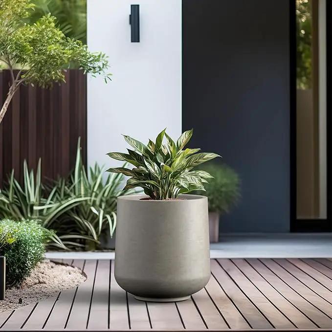 Kante 15.3" Dia Round Concrete Planter, Outdoor Indoor Large Plant Pots Containers with Drainage Hole and Rubber Plug for Home Garden Patio, Buff Concrete, photo 4 of 6