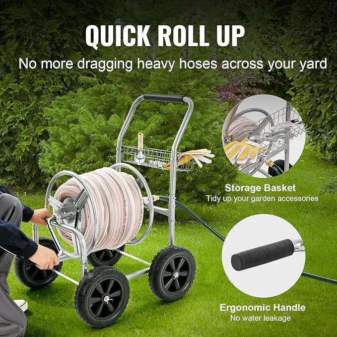 VEVOR Hose Reel Cart, Hold Up to 250 ft of 5/8’’ Hose, Garden Water Hose Carts Mobile Tools with 4 Wheels, Heavy Duty Powder-coated Steel Outdoor Planting with Storage Basket, for Garden, Yard, Lawn, photo 4 of 9