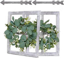 Rustic Wood Window Frame with Green Wreath and Arrows Wall Decor，Farmhouse Window Frame Hanging Decor, Wooden Fake Decoration,Window Pane Wall Decor,Set of 2 (White) by CozyNest Decor