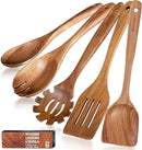 Wooden Spoons for Cooking - 5-Piece Wooden Kitchen Utensil Set made of Natural Solid Wood Material - Includes Salad Spoons, Spaghetti Spoon, Salad Fork, Flat Spatula,Slotted Spatula(A05) by CozyNest Decor