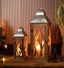 Large Farmhouse Wooden Metal Lantern Set of 2, Rustic Decorative Floor Candle Lanterns, Indoor/Outdoor Hanging Lanterns for Home Decor (No Glass) by CozyNest Decor