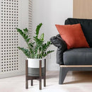 D'vine Dev Ceramic Planter with Walnut Color Stand - 8 Inch Modern Round Flower Pot with Wood Planter Holder, White/Grey, 55-B-Y-6 by CozyNest Decor
