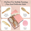 4 Piece Wooden Baby Hair Brush and Comb Set for Newborns & Toddlers in Chic Gift Box - Ultra Soft Natural Goat Hair and Wood Baby Brush Set Prevents Cradle Cap - Perfect Registry Gift (Pink) by TinyTreasures Baby Boutique