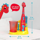 Brusheez Kids’ Electric Toothbrush Set - Safe & Effective for Ages 3+ - Parent Tested & Approved with Gentle Bristles, 2 Brush Heads, Rinse Cup, 2-Minute Timer, & Storage Base (Pepper The Dino) by TinyTreasures Baby Boutique
