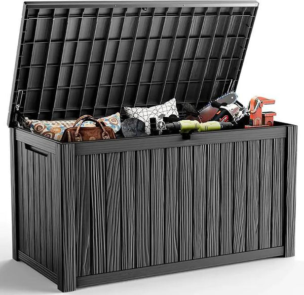 DRATO 180 Gallon Deck Box, Waterproof Resin Large Outdoor Storgae Box for Patio Furniture, Patio Cushions, Gardening Tools, Pool and Sports Supplies, Lockable