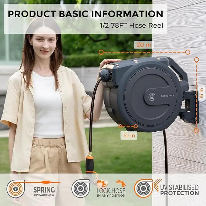 Giraffe Tools Hose Reel 1/2‘’ 78 ft, Heavy Duty Retractable Garden Hose Reel with Any Length Lock, Slow Return System, Wall Mounted and 180 Deg Swivel Bracket, photo 4 of 7