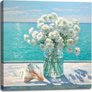 Bathroom Decor Ocean Daisy Flower Canvas Wall Art Coastal Nautical Seashell Seascape Framed Picture Ocean Theme Seascape Painting Artwork for Bedroom Home Decoration Square Blue 14x14" by CozyNest Decor