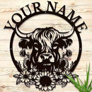 Personalized Highland Cow Name metal Signs,Custom Highland Cow Metal Shed Wall Decor,Black Metal Wall Art Plaques Outdoor wall Decorative Signage (Style H) by CozyNest Decor
