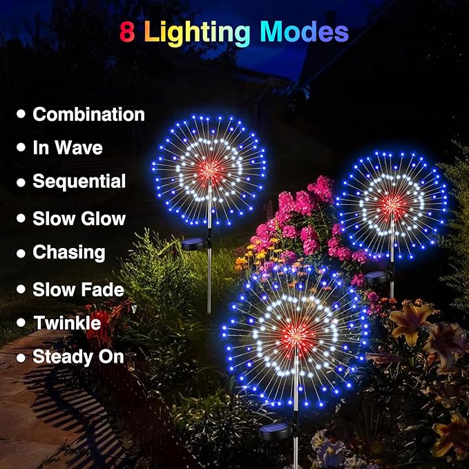 4th of July Firework Solar Garden Lights, Red Blue White Solar Firework Lights with 120 LED 2 Lighting Modes, Outdoor Waterproof Yard Lighting for Independence Day Memorial Day Decor, 4 Pack, photo 4 of 9