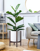 D'vine Dev Ceramic Planter with Walnut Color Stand - 12 Inch Modern Round Flower Pot with Wood Planter Holder, White, 55-B-W-1 by CozyNest Decor