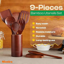 Riveira Set of 9 Premium Brown Bamboo Cooking Utensils - Bamboo Utensils for Cooking - Non-Toxic Utensils - Wooden Kitchen Set for Non-Stick Cookware by CozyNest Decor