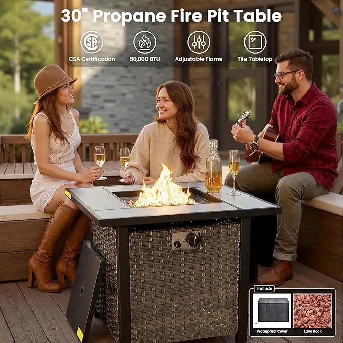 ovios 6 Pieces Patio Furniture Set with 30" Fire Pit Table, Outdoor Wicker Sofa with Ottomans, Comfy Cushions, High Back Couch Conversation Set, Brown Rattan, Orange Red, photo 5 of 9