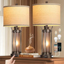 QiMH Farmhouse Table Lamps for Living Room, Rustic Beside Lamps for Bedroom with USB A+C Charging Ports, Nightstand Lamp with Frosted Glass Night Light for Home Decor, 4 Bulbs Included (Bronze)