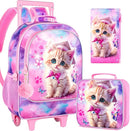 gxtvo Girls Rolling Backpack, Cute Cat Roller Wheels Kids Bookbag - Wheeled Elementary School Bag - 3PCS Cat by TinyTreasures Baby Boutique