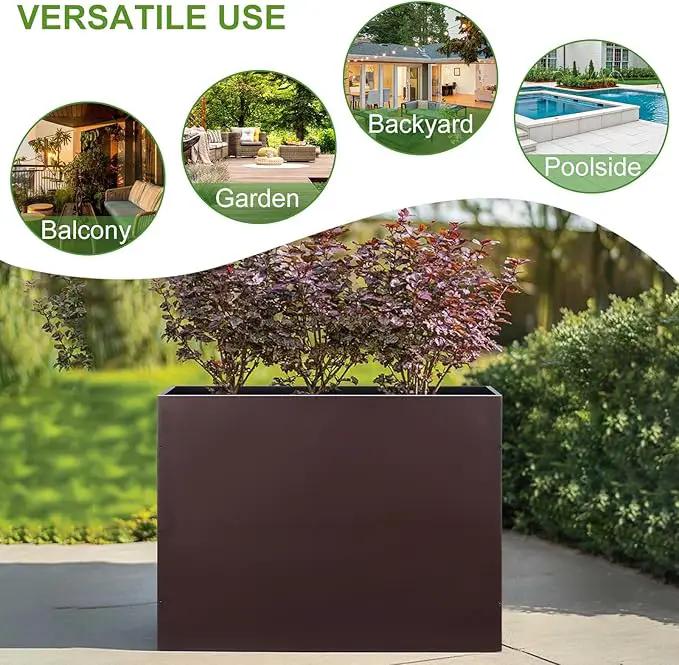 Metal Rectangular Planter Box Tall Planters for Outdoor Plants Modern Heavy Duty with Drainage Holes for Outside Indoor Patio Deck - Brown, 32”x 12”x 24”, photo 3 of 6