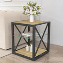 Farmhouse End Table, Modern Side Table with 3-Tier Storage Shelf, Square Rustic Nightstand, Accent Tea Table, for Bedroom Office Living Room, Brown, Natural Wood, Glass, Metal by CozyNest Decor