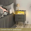 Nightstand with Charging Station and LED Lights,Modern Bedside Table with 2 Storage Drawer and Open Wood Shelf, for Bedroom and Small Spaces,Night Stand with Solid Wood Legs,GreyOak by CozyNest Decor