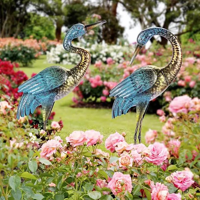 Natelf Garden Crane Statues Outdoor, Standing Blue Heron Decoy Sculptures, Metal Bird Yard Art for Lawn Patio Backyard Decoration(Set of 2), photo 3 of 8