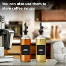 Olive Oil Dispenser Bottle - Includes 55 Kitchen Essential Labels - Cooking Oil Bottles for Kitchen, Coffee Syrup Dispenser - Pourer Spout with 16.9 fl oz Glass Container Cruet - 2pcs, Black by CozyNest Decor