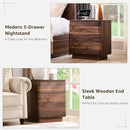 JXQTLINGMU 22" Modern Nightstand with Charging Station, Large Push-to-Open End Table, Wood Bedside Table w/Curved Profile Design, Handleless 3 Drawer Night Stand for Bedroom, Living Room, Brown by CozyNest Decor