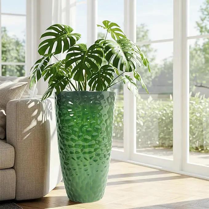 Worth Garden 14" Dia x 24" H Large Plastic Planters with Drainage Hole, Set of 2 Hammered Texture Green Glossy Smooth Finish, Tall Round Decorative Flower Plant Pot for Indoor Outdoor, Front Porch, photo 4 of 7