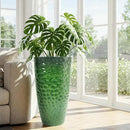 Worth Garden 14" Dia x 24" H Large Plastic Planters with Drainage Hole, Set of 2 Hammered Texture Green Glossy Smooth Finish, Tall Round Decorative Flower Plant Pot for Indoor Outdoor, Front Porch by GreenHaven Gardens