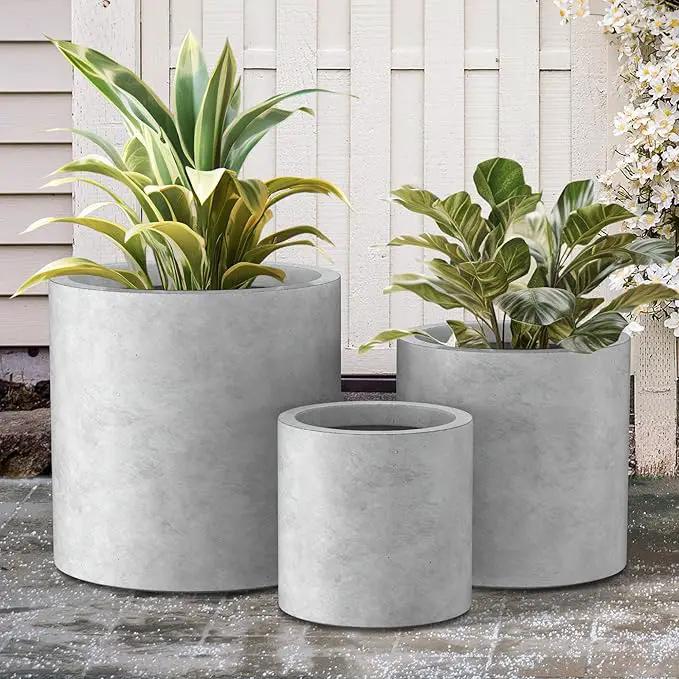 Kante 9.8",12.6",15.7" Dia Round Concrete Planter Set of 3, Modern Style Large Cylindrical Plant Pot with Drainage Hole and Rubber Plug for Indoor Outdoor Patio, Natural Concrete, photo 4 of 8