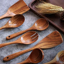 Wooden Non-Stick Kitchen Pan Toolset 7 Pieces Set,100% Natural Teak Kitchen Utensils Spatula, Wooden Cooking Utensils Spoons, Fried Spatula and Salad Fork by CozyNest Decor