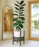 D'vine Dev Ceramic Planter with Walnut Color Stand - 12 Inch Modern Round Flower Pot with Wood Planter Holder, White/Grey, 55-B-W-6 by CozyNest Decor