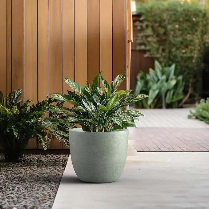 Kante 14 Inch Dia Round Concrete Planter, Indoor Outdoor Large Plant Pot with Drainage Hole and Rubber Plug for Home Patio Garden, Mint Green, photo 4 of 7