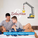 Custom Toddler Construction Crane Wall Decal I Personalized Name & Initial I Nursery Wall Decal for Toddler Room Decorations I Wall Sticker for Bedroom Wide 42"x35" Height (Shown) (Large) by TinyTreasures Baby Boutique
