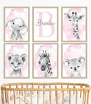 Safari Animals Set of 6 Unframed Poster Prints for Baby Girls Nursery Bedroom Playroom, Personalized Name, Choice of 12 Animals, Pink Purple (11x14) by TinyTreasures Baby Boutique