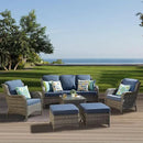 ovios 6 Pieces Patio Furniture Set, Outdoor Wicker Sofas with Glass Coffee Table and Comfy Cushions, All Weather High Back Couch Set for Deck Porch, Grey Rattan, Denim Blue by GreenHaven Gardens