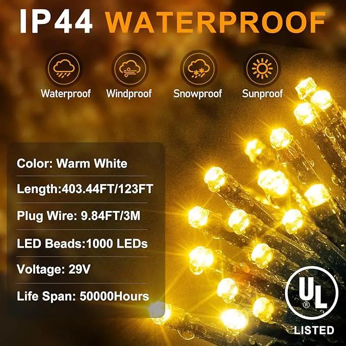 KNONEW 403FT 1000 LED Christmas Lights Outdoor String Lights 8 Modes & Timer Fairy Light Plug in Waterproof LED String Lights for Xmas Yard Tree Wedding Party Holiday Decorations (Warm White), photo 4 of 9