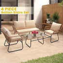 Kromax 4 Piece Patio Bistro Outdoor Furniture Set, Wicker Sofa, 2 Rattan Chairs, and Table, Backyard Conversation Set, All Weather Cushions, Natural Rattan Beige Cushion by CozyNest Decor