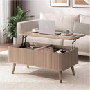 Lift Top Coffee Table with Storage Shelf & Hidden Compartment, Mid Century Modern Fluted Rectangle Dining Table for Living Room, Home Office, Natural Oak by CozyNest Decor