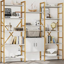Triple 5 Tier Bookshelf, Industrial Large Bookcase with Storage Cabinet, Tall Gold Bookshelf with 14 Open Display Shelves Metal Frame Furniture for Living Room Bedroom Home Office Gold & White by CozyNest Decor