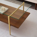 Rectangle Coffee Table, Mid-Century Modern Design, L41 W21 x H17, for Living Room, 2-Tier Structure, Clear Glass Top and Walnut MDF Shelf, Sleek Conical Metal Legs with Gold Finish by CozyNest Decor