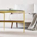 Oval Glass Coffee Table, Mid-Century Modern Design, L43 x W22 x H17 inch, 2-Tier Structure, Olive Shaped Clear Glass Top and Walnut Finish Wood Shelf, Tapered Legs with Gold Finish Frame by CozyNest Decor