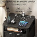 Nightstand with Charging Station, 24" End Table Side Table with Open Shelf, Modern Large Wood Fluted Bedside Cabinet for Bedroom, Living Room, Black by CozyNest Decor