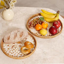 Round Rattan Tray with Mother of Pearl Inlay & Wooden Base - Decorative Wicker Serving Tray for Coffee/Bread/Fruits, Food Storage & Display - Multipurpose Home Decor (M,Island) by CozyNest Decor