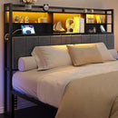 Headboard with 3-Tier Storage Shelves, Velvet Upholstered Head Board with 2 Outlets, USB Ports & LED Light, Soft Backrest for King Size Bed, Black BH19404B by CozyNest Decor