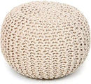 REDEARTH Round Pouf Ottoman –18"x18"x14" Hand-Knitted Cotton Pouffe –Cable Footstool –Boho Dori Hassock –Pre-Stuffed Poof – Extra Seat -Poofy Footrest for Living Room, Bedroom, Nursery, Nook –Ivory by CozyNest Decor
